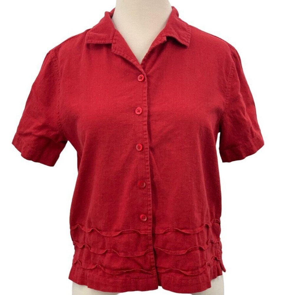 Kim Rogers Petite Womens SS Button Front Linen Blend Shirt Red Rippled PS